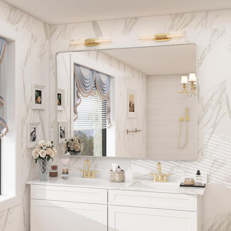 Photo 1 of Silver Bathroom Mirrors for Vanity, Brushed Nickel Metal Silver Framed Bathroom Mirror for Wall, Rounded Rectangle Silver Mirror, Anti-Rust, Shatterproof (Horizontal/Vertical)