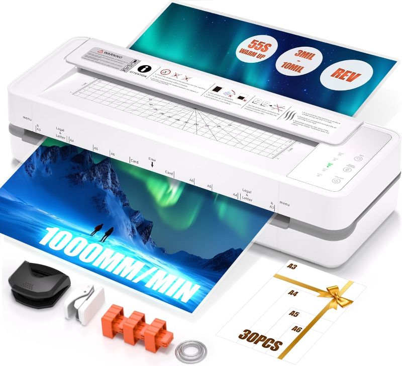Photo 1 of 13" 4-Roller Commercial Laminator Machine,3-10 Mil Thickness Laminating Machine,Fast 55s Warm-Up&1000mm/min Laminating Speed for Laminating 11x17&A3 Size,Includes 30 Sheets for Office,School(White)
