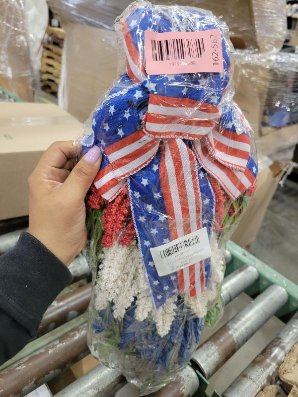 View 2 of 19.7 Inch Patriotic Wreath for Front Door 4th of July Wreath Independence Day White Blue Red Garland for Memorial Day Veterans Day Front Door Decoration Hanging Ornaments