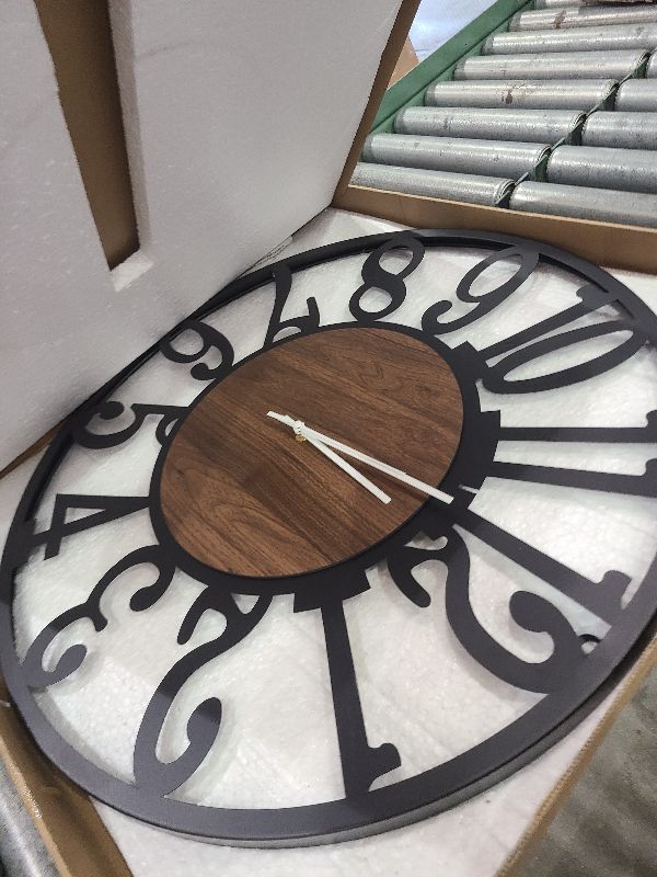 Photo 1 of 1st owned Large Wall Clock for Living Room Decor- 24" Decorative Antique Silent Non Ticking,Battery Operated,Black Metal,Wood Clocks for Farmhouse,Dining Room,Bedroom,Kitchen - Arabic Numerals