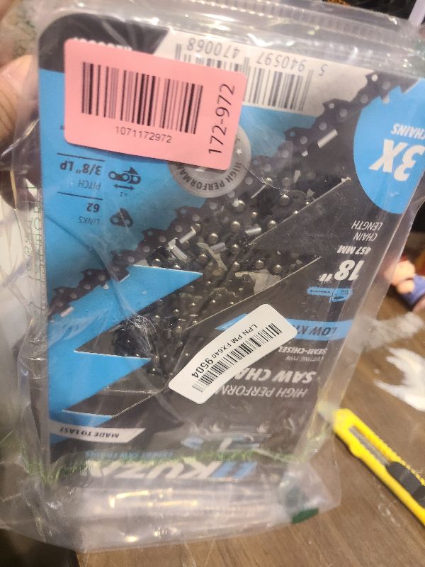 Photo 1 of 18 Inch Chainsaw Chain 3/8" LP Pitch, 050" Gauge, 62 Drive Links, fits DEWALT DCCS672B, Craftsman, Echo, Greenworks, Homelite, Poulan, Black & Decker and more (3 Chains) - 91vxl062g, 91px062x - S62