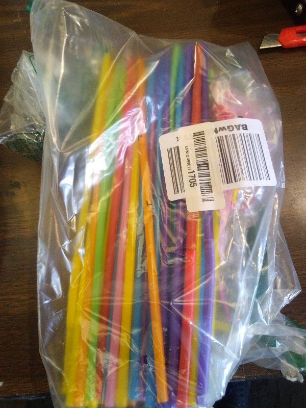 Photo 1 of [100 Pack] 10.24" High Extra Long Flexible Plastic Straws, Disposable Drinking Straws, Colorful Bendy Straws - Assorted Colors