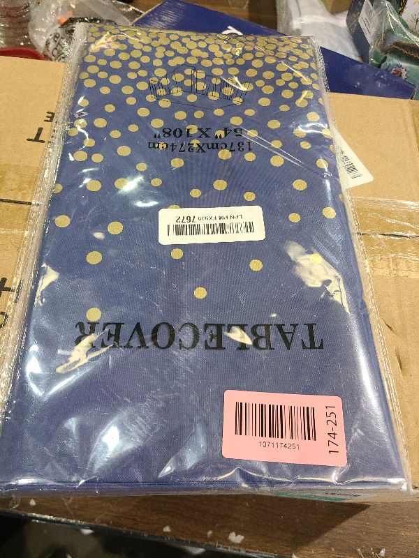 Photo 1 of 2 Pcs Navy Blue and Gold Plastic Tablecloth for Rectangle Table, 54 × 108 inches Disposable Gold Dot Dark Blue Party Table Covers for Anniversary, Wedding, Fine Dining, Graduation Party Decoration