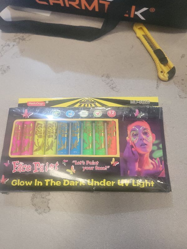 Photo 1 of 12 PCS Glow Face Body Paint, Glow In The Dark Under UV Black Light Sticks Makeup Neon Face Painting Kits for Adult Halloween Festival Accessory Glow Party Supplies