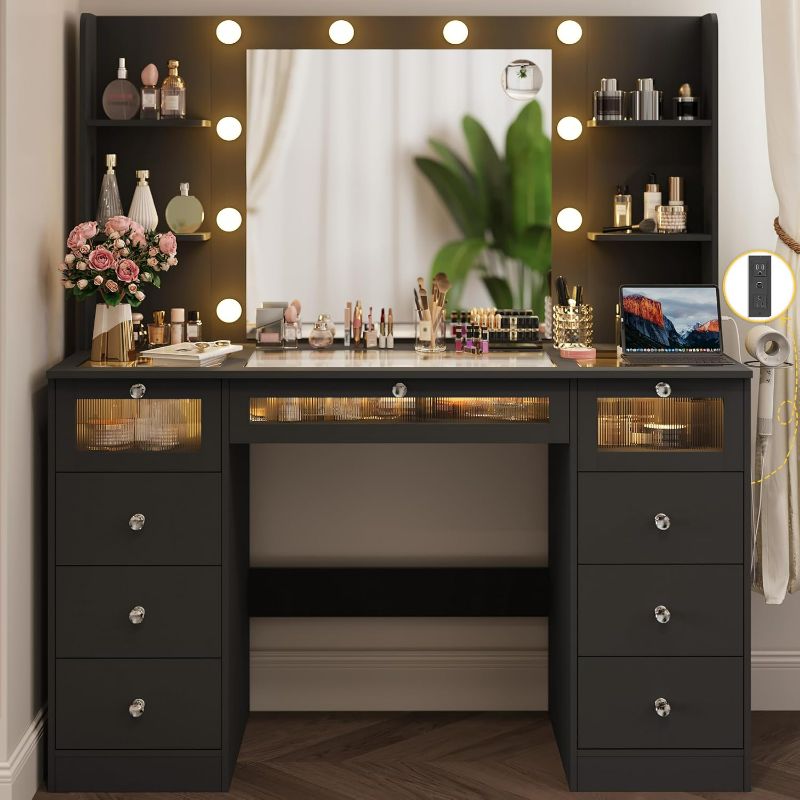 Photo 1 of ***PARTS ONLY*** Black Vanity with Lighted 23.5” Mirror, Glass Top Vanity Desk with 9 Drawers & 3 Color Hollywood Bulbs & 4 Shelves & Acrylic & Power Outlet, Makeup Desk Dressing Table for Bedroom