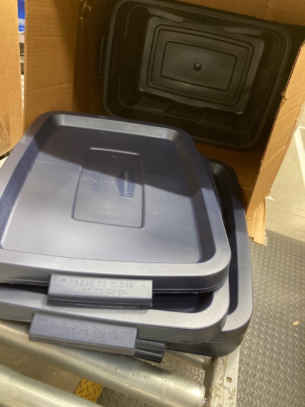 Photo 1 of *Four only* Rubbermaid Roughneck Tote 14 Gal, 6 Pack, Made in USA, Dark Indigo Metallic, Rugged Plastic Stackable Storage Bins with Lids and Handles