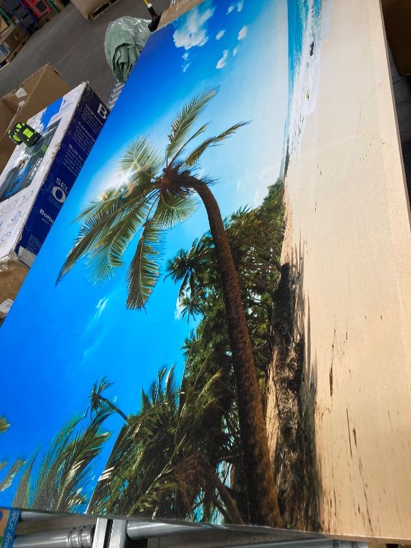 View 4 of **3 BOX CUTS ON LEFT SIDE***Muolunna ARX0698 Large Canvas Wall Art Summer Ocean Waves Prints Coconut Trees Beach Seascape Painting Hawaii Sea Nature Pictures Stretched and Framed for Living Room Home Office Wall Decor