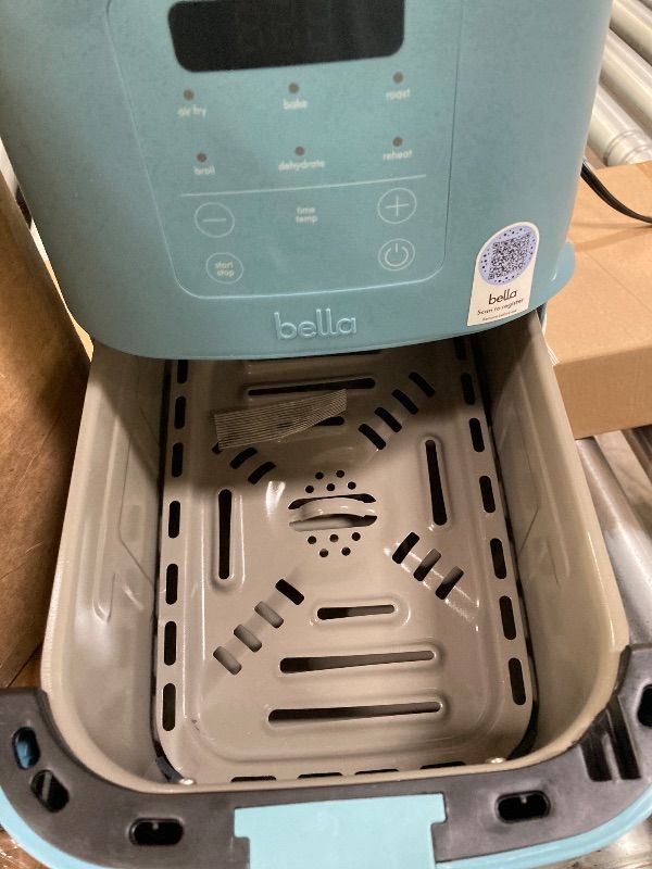 Photo 1 of **CRACKED ON SIDE***bella 4Qt Slim Air Fryer, Fits-anywhere Kitchenware, EverGood Ceramic Nonstick Coating, Adjustable Temperature, 6 Preset Cooking Options, 60 Min Auto Shutoff w Audible Tone, 3.3lb Capacity, Surf