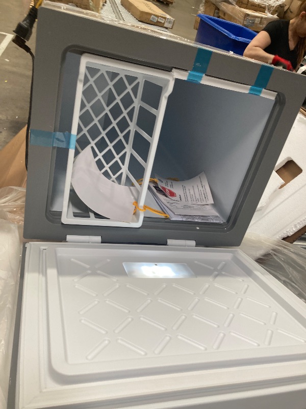 Photo 1 of ****It is used, heavily damaged, and it is unknown whether it functions at 100%.******Midea MERC04C4BAWW Chest Freezer, 3.5 Cubic Feet Freezer With Removable Basket, Interior LED Light, Adjustable Temperature, For Kitchen Apartment Office, White