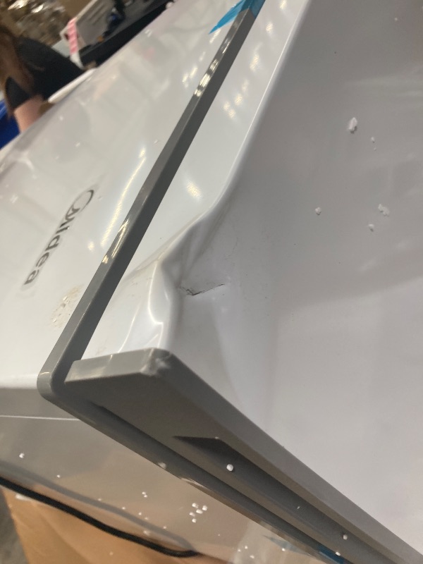 Photo 1 of ****It is used, heavily damaged, and it is unknown whether it functions at 100%.******Midea MERC04C4BAWW Chest Freezer, 3.5 Cubic Feet Freezer With Removable Basket, Interior LED Light, Adjustable Temperature, For Kitchen Apartment Office, White
