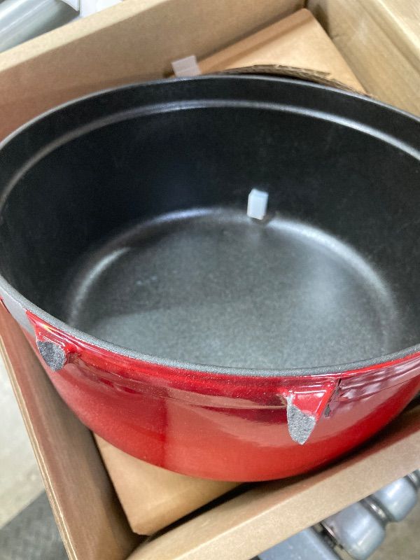 Photo 1 of ***DAMAGED -ONE BROKEN HANDLE -SELLING AS IS *** STAUB Cast Iron Dutch Oven 4-qt Round Cocotte, Made in France, Serves 3-4, Cherry