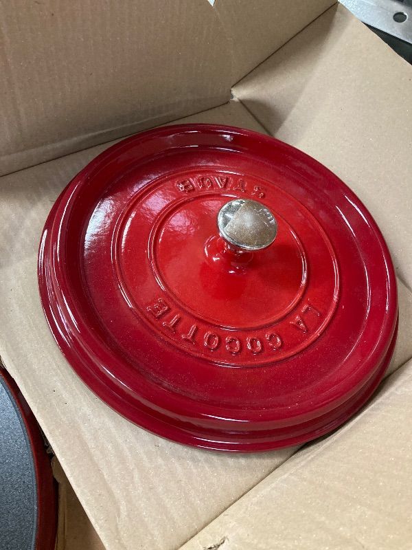 Photo 1 of ***DAMAGED -ONE BROKEN HANDLE -SELLING AS IS *** STAUB Cast Iron Dutch Oven 4-qt Round Cocotte, Made in France, Serves 3-4, Cherry