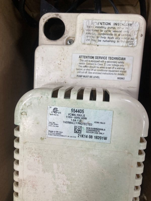 Photo 1 of ***USED*** Little Giant VCMA-15ULST 115 Volt, 65 GPH, 1/50 HP Automatic Condensate Removal Pump for HVAC/Refrigeration Systems/Dehumidifiers with Overflow Detection Switch and 20-Foot Tubing, Black/White, 554415***USED***SOME SCUFF/SCRATCHES, DUST/DIRT RE