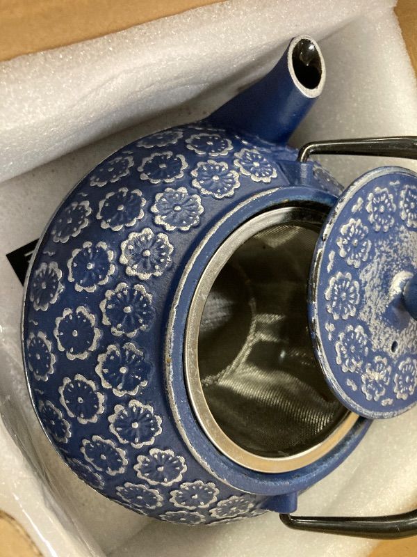 Photo 1 of ***MISSING LID FORK***Juvale Japanese Cast Iron Teapot with Infuser & Stovetop Tea Kettle - 34 oz, Blue - Heat Retention, Removable Lid & Fold-Down Handle
