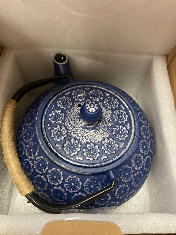 Photo 1 of ***MISSING LID FORK***Juvale Japanese Cast Iron Teapot with Infuser & Stovetop Tea Kettle - 34 oz, Blue - Heat Retention, Removable Lid & Fold-Down Handle