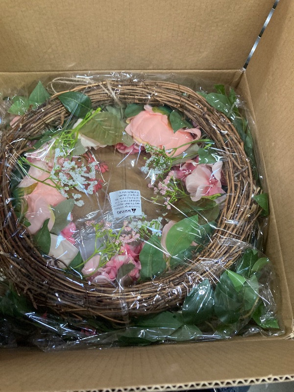 Photo 1 of [Lighted & Timer] 22" Spring Summer Wreaths for Front Door Peony Wreath with Lights Pink Silk Flower Hydrangea Rose Green Leaves Floral Wreath for Home Wall Window Wedding Party Indoor Outdoor Decor