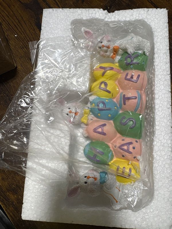 Photo 1 of **EAR IS DAMAGED ON ONE OF THE BUUNNIES**
DR.DUDU Easter Decorations Eggs Bunny, Hand-Painted Resin Tabletop Centerpiece, Decor Bunny Figurine for Home Room Table Office Party (Happy Easter)