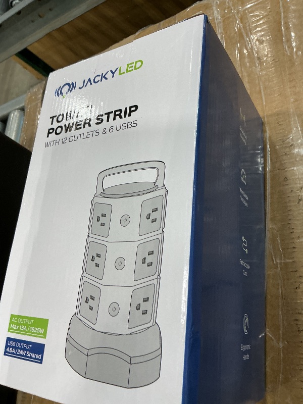 Photo 1 of ?10ft? Power Strip Tower JACKYLED Surge Protector Electric Charging Station with 13A 12 Outlets 6 USB Ports Heavy Duty Extension Cord for Home Office Computer Nightstand Laptop Phone White Black