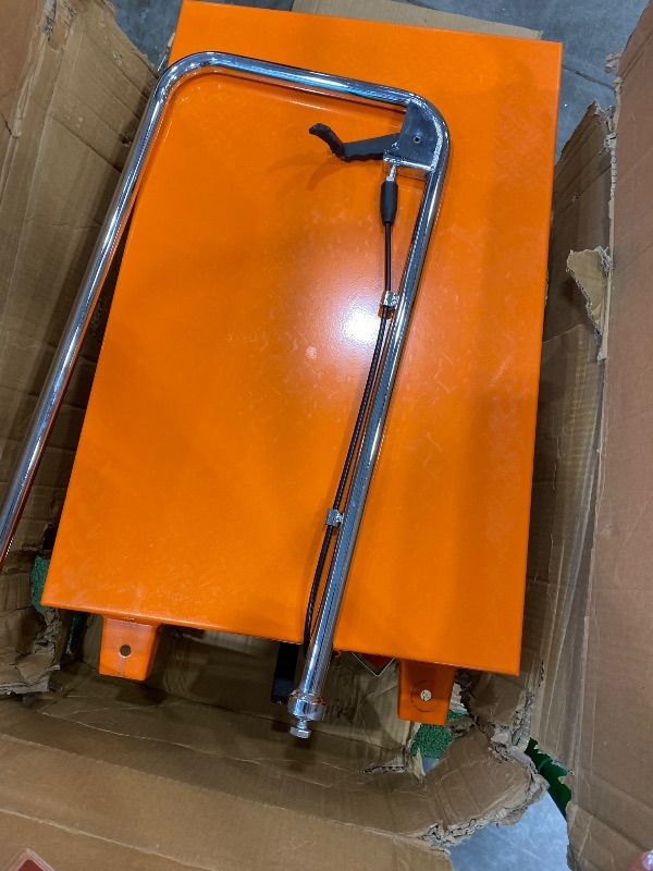 Photo 1 of **UNTESTED**
VEVOR Hydraulic Lift Table Cart, 330 lbs Load Capacity, 50-Inch Lifting Height, Manual Single Scissor Lift Table with Non-Slip Pad and 4 Wheels, Orange, Alloy Steel