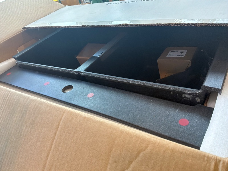 Photo 1 of [Major Damqage to Top, broken corners, will need repairs] KRAUS Quarza 33-inch Drop-In/Undermount 50/50 Double Bowl Granite Kitchen Sink in Black Onyx, KGD-433B