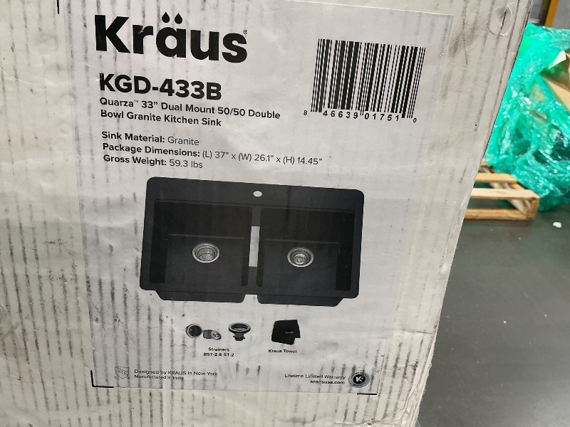 Photo 1 of [Major Damqage to Top, broken corners, will need repairs] KRAUS Quarza 33-inch Drop-In/Undermount 50/50 Double Bowl Granite Kitchen Sink in Black Onyx, KGD-433B
