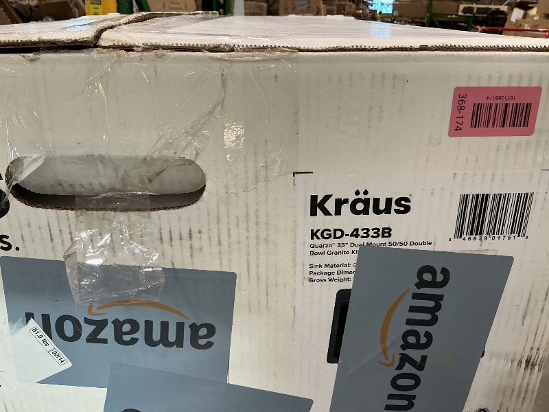Photo 1 of [Major Damqage to Top, broken corners, will need repairs] KRAUS Quarza 33-inch Drop-In/Undermount 50/50 Double Bowl Granite Kitchen Sink in Black Onyx, KGD-433B
