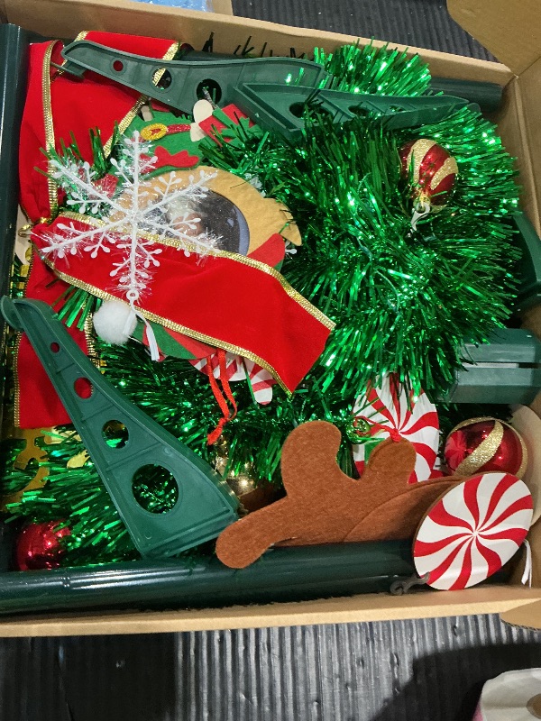 Photo 1 of [ Timer ] 6 Ft Pop Up Christmas Tinsel Tree, Green Collapsible Christmas Tree with 50 Colorful Light 16 Candy 10 Ball 4 Snowflake Merry Christmas Bow DIY Ornaments Battery Operated Xmas Decor Indoor