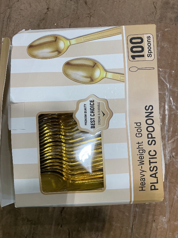 Photo 1 of 100 Gold Disposable Plastic Spoons, Heavy Weight Disposable Spoons Plastic Utensils for Parties, Weddings, Picnics, Big Event, Daily Use - BPA FREE