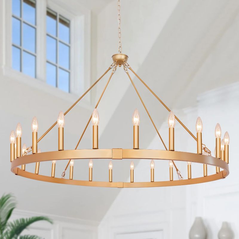 View 1 of **Stock Pic for Reference*** Puyveyor 48" 24 Light Wagon Wheel Chandelier, Gold Farmhouse Chandelier