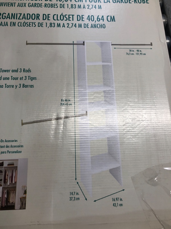 Photo 1 of ***FACTORY SEALED - OPENED FOR INSPECTION***   ClosetMaid SuiteSymphony Small Closet Organizer Starter Kit with Tower and 3 Hang Rods, Shelves, Adjustable, Customizable Wardrobe Organizer System, Reach-In or Walk-In Closets, Pure White