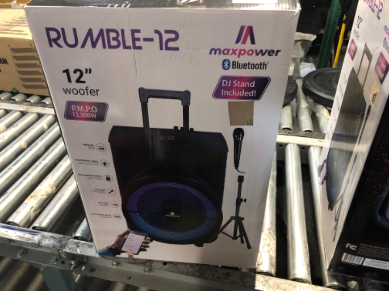 Photo 1 of ***FACTORY SEALED - OPENED FOR INSPECTION***  Max Power Rumble 12" Woofer Bluetooth Trolley Speaker with Stand