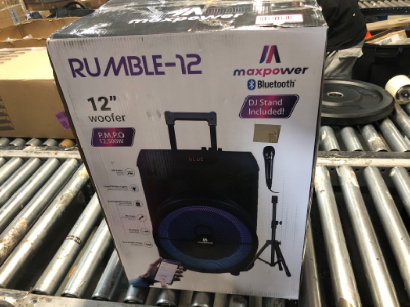 Photo 1 of ***FACTORY SEALED - OPENED FOR INSPECTION***  Max Power Rumble 12" Woofer Bluetooth Trolley Speaker with Stand