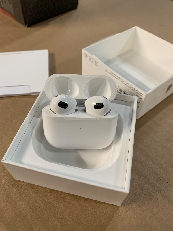 Photo 1 of ***IN THE WRONG BOX ****NOT PROS***Apple AirPods (3rd Generation) Wireless Ear Buds, Bluetooth Headphones, Personalized Spatial Audio, Sweat and Water Resistant, Lightning Charging Case Included, Up to 30 Hours of Battery Life
