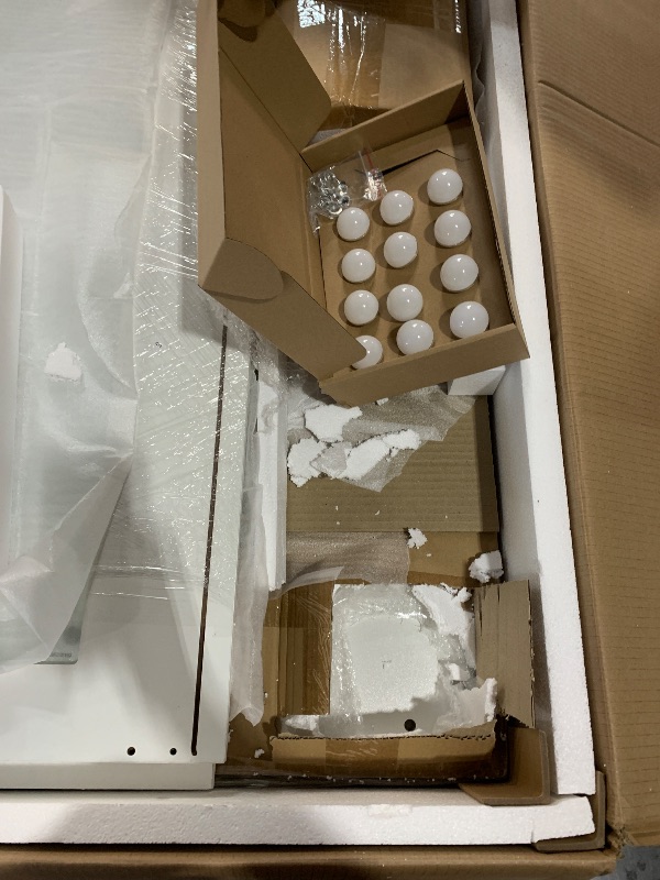 Photo 1 of ***PARTIAL SET - PRICE ADJUSTED***
DWVO 46'' Glass Top Makeup Vanity with 10 Drawers, Vanity Desk Set with Large LED Mirror, Built-in Charging Station & Cushioned Storage Chair, Dressing Table with 3-Color Light Modes, Cream White