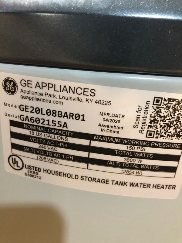 Photo 1 of (USED, UNTESTED FOR PARTS) GE Appliances 18 Gallon Versatile Electric Water Heater with Adjustable Thermostat & Drain Valve, Side Port Lowboy, Point of Use, 240 Volt