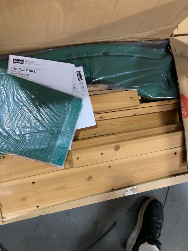 Photo 1 of ***FACTORY SEALED - OPENED FOR INSPECTION******TRUCK/TRAILER PICKUP ONLY***Backyard Discovery Buckley Hill Cedar Wood Swing Set with Wave Slide, Play Deck, Rock Wall Ladder, Belt Swings, Chalkboard, Canopy Roof, Outdoor Playset