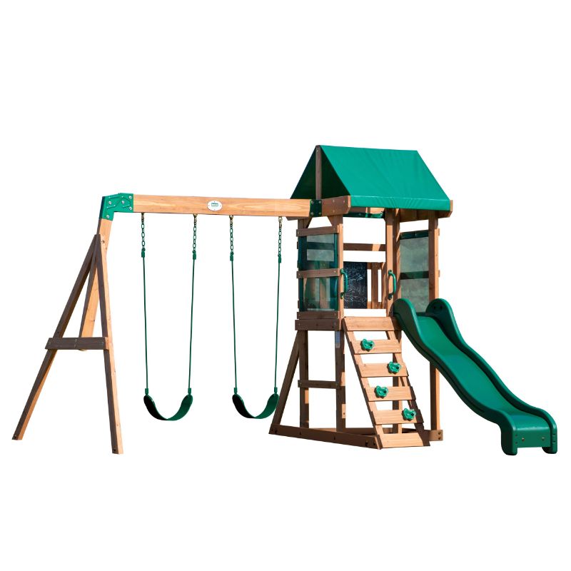Photo 1 of ***FACTORY SEALED - OPENED FOR INSPECTION******TRUCK/TRAILER PICKUP ONLY***Backyard Discovery Buckley Hill Cedar Wood Swing Set with Wave Slide, Play Deck, Rock Wall Ladder, Belt Swings, Chalkboard, Canopy Roof, Outdoor Playset