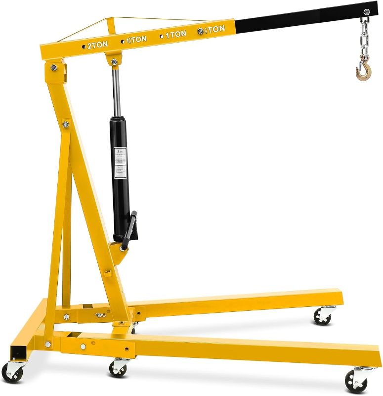 View 1 of ***SOLD FOR PARTS***Heavy Duty 2 Ton (4000 lbs) Folding Hydraulic Engine Hoist Cherry Picker – Carbon Steel Shop Crane, 6 Iron Casters, Engine Lift for Car Repair, Garage, Workshop – Yellow