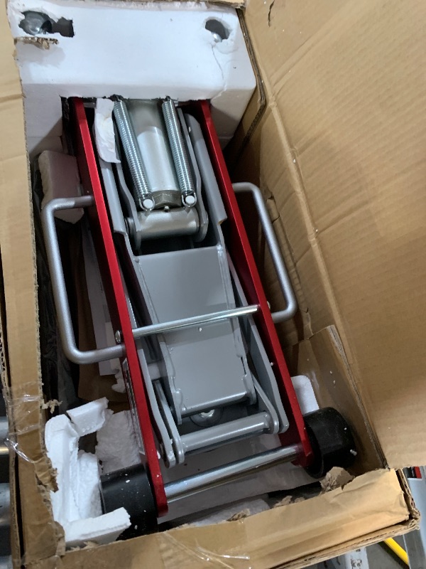 Photo 1 of **************Missing handle***************
Jack Boss 3 Ton Low Profile, Aluminum and Steel Racing Floor Jack with Dual Pistons Quick Lift Pump for Sport Utility Vehicle, Lifting Range 3-15/16" min to 18-5/16" max, Net Weight 58.5 lb, Red