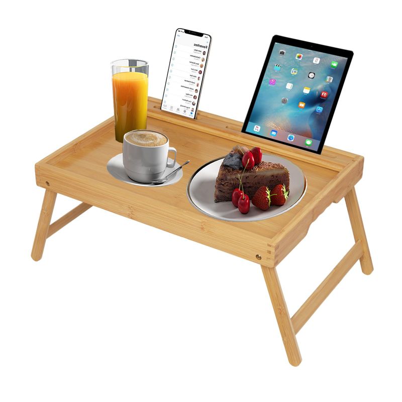 Photo 1 of (broken sold for parts) Greenual 2 Pack Bed Tray Table with Handles Folding Legs, Bamboo Breakfast Food Tray with Media Slot, Use As Platter, Laptop Desk, Snack, TV Tray Kitchen Serving Tray(Natural)