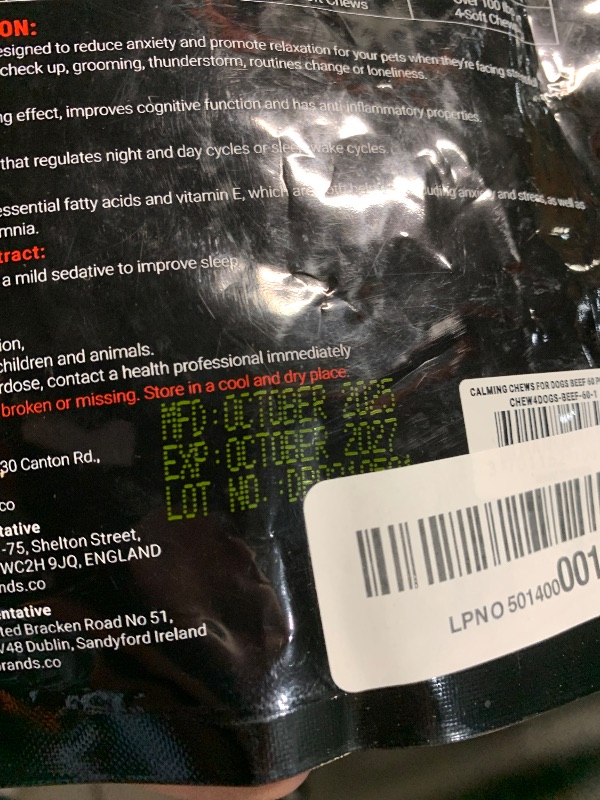 Photo 1 of ***EXPIRES OCTOBER 2027***
***MISSING PARTS***
Hemp Calming Chews for Dogs Anxiety 60 pcs - Beef Flavored - Dog Anxiety Relief - Dog Calming Chews - Melatonin for Dogs - for Stress, Travel, Check-up, Barking or Grooming - Dog Calming Treats