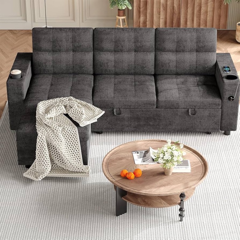 Photo 1 of ***PARTIAL SET (BOX B) - PRICE ADJUSTED***
***STOCK PHOTO FOR REFERENCE ONLY (IMAGE MIRRORED)***
GarveeLife Couches for Living Room, 84'' L-Shaped Sectional Sleeper Sofa with Pull Out Bed, Comfy Sofa Bed with Charging Ports and Storage Armrests, Dark Grey