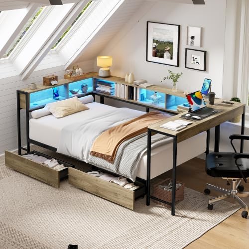 Photo 1 of ***PARTIAL SET - PRICE ADJUSTED***
Bellemave Full Corner Bed Frame with Storage, Full Captains Bed with Charging Station, LED Light, Wood Daybeds with L-Shaped Bookcase and 2 Drawers, Black
