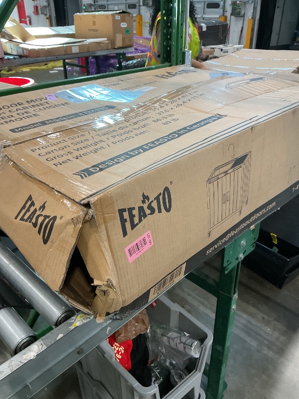 Photo 1 of *MISSING PARTS - see clerk notes*
Feasto Outdoor Kitchen Island with Stainless Steel Sink and Storage Cabinet, 35-Inch BBQ Prep Station with Faucet & Lockable Wheels for Patio, Backyard, and Outdoor Cooking, Black & Silver