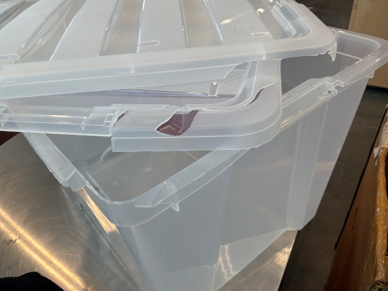 Photo 1 of [See Clerk Notes] IRIS USA 54 Qt Stackable Plastic Storage Bins with Lids, 4 Pack - BPA-Free, Made in USA - See-Through Organizing Solution, Latches, Durable Nestable Containers, Secure Pull Handle - Clear