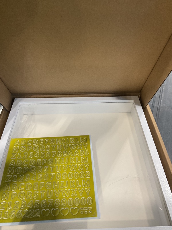 Photo 1 of ***BROKEN*** TouYinger 10x10 Shadow Box Frame Display Case with Letter Stickers, 3D Picture Frame, Display Case Box for Memorabilia, Baby Items, Wedding Memories, Crafts, Tickets and Photos (White, 10x10)