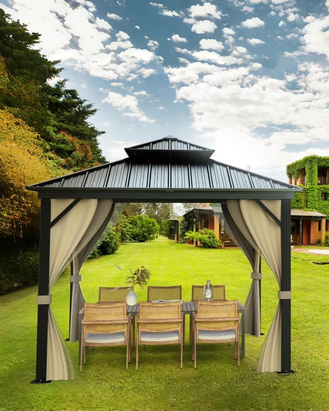 Photo 1 of 10'x10' Hardtop Gazebo for All Weather, with Aluminum Alloy Frame, Double Metal Roof, and Net and Curtain, Permanent Building of Backyard Luxury for Patio, Deck, Backyard, Lawn, and Garden PARTIAL SET BOX 3 OF THREE