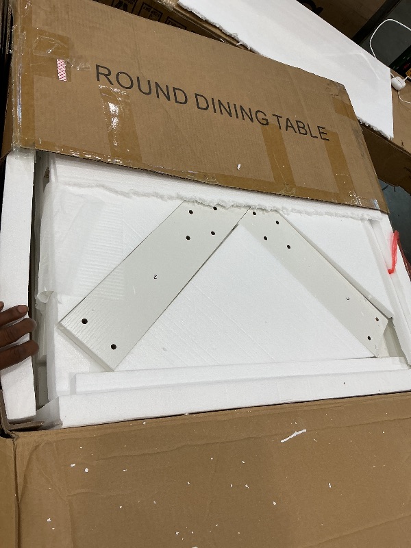 Photo 1 of [DAMAGED] Garvee 47 Inch Round Dining Table for 4-6, Wood Kitchen Table with Cross Base and Adjustable Foot Pads, Dining Room Table with Circle Tabletop for Dining Room, Kitchen, Living Room, White