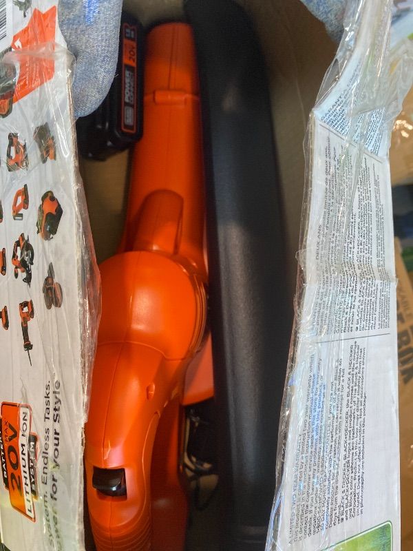 Photo 1 of **NON-FUNCTIONAL**
BLACK+DECKER Cordless Leaf Blower with Battery and Charger 20V MAX, Electric Leaf Blower 130 mph Air Speed, Lightweight Design (LSW221)