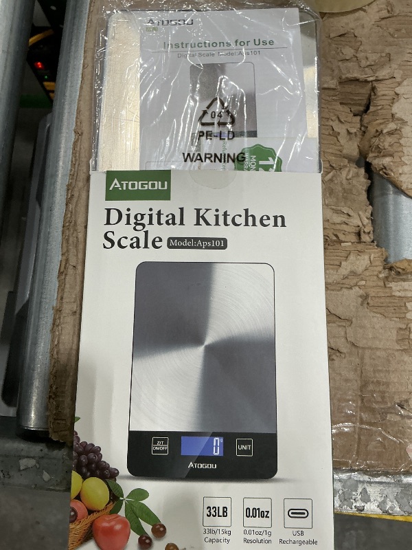 Photo 1 of **UNTESTED**
Atogou Food Scale - 33lb Digital Kitchen Scale Ounces Grams, Rechargeable & Full-View Display, Water-Resistant, Batteries or USB-C Charging, Stainless Steel, for Cooking, Meal Prep, Package (Black)